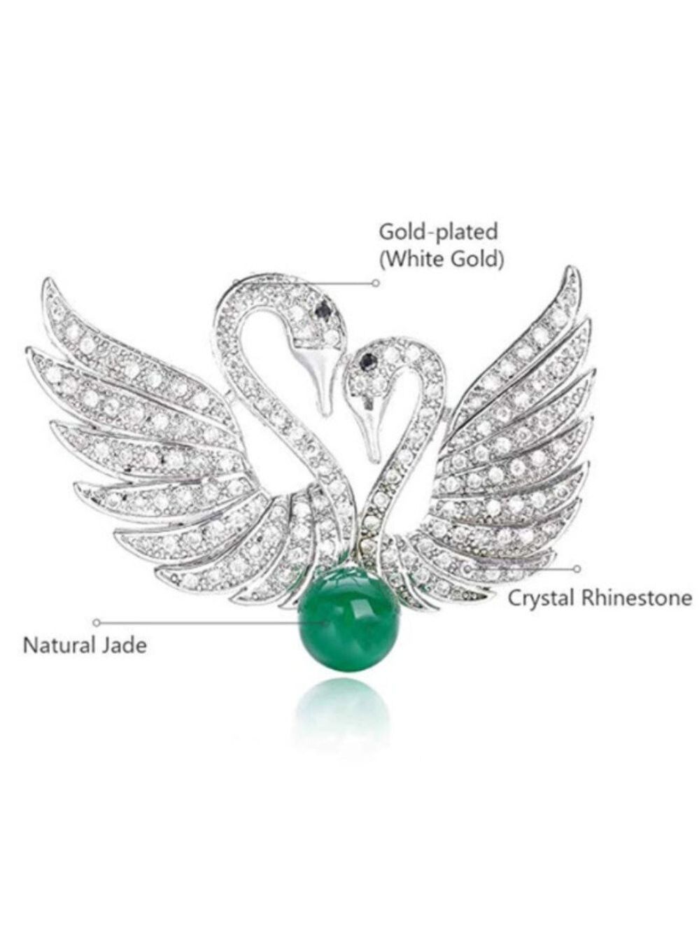 swan couple rhinestone & jade brooch / pendant - Picture 4 of 7